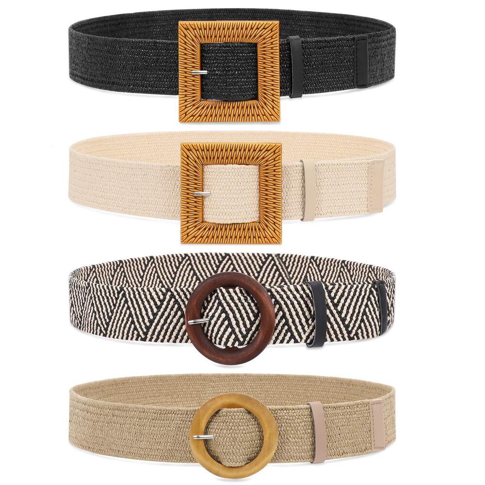 6918 Set Of 4 Straw Woven Elastic Stretch Waist Belts For Women, Fashion